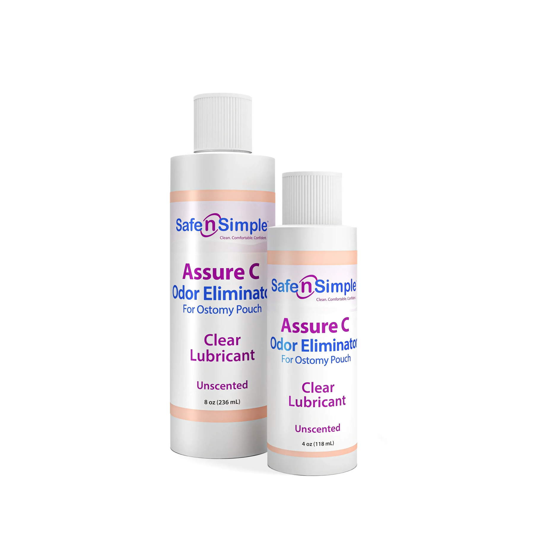 Safe-n-Simple Assure C Clear Ostomy Deodorant and Lubricant, 4-ounce and 8-ounce bottles