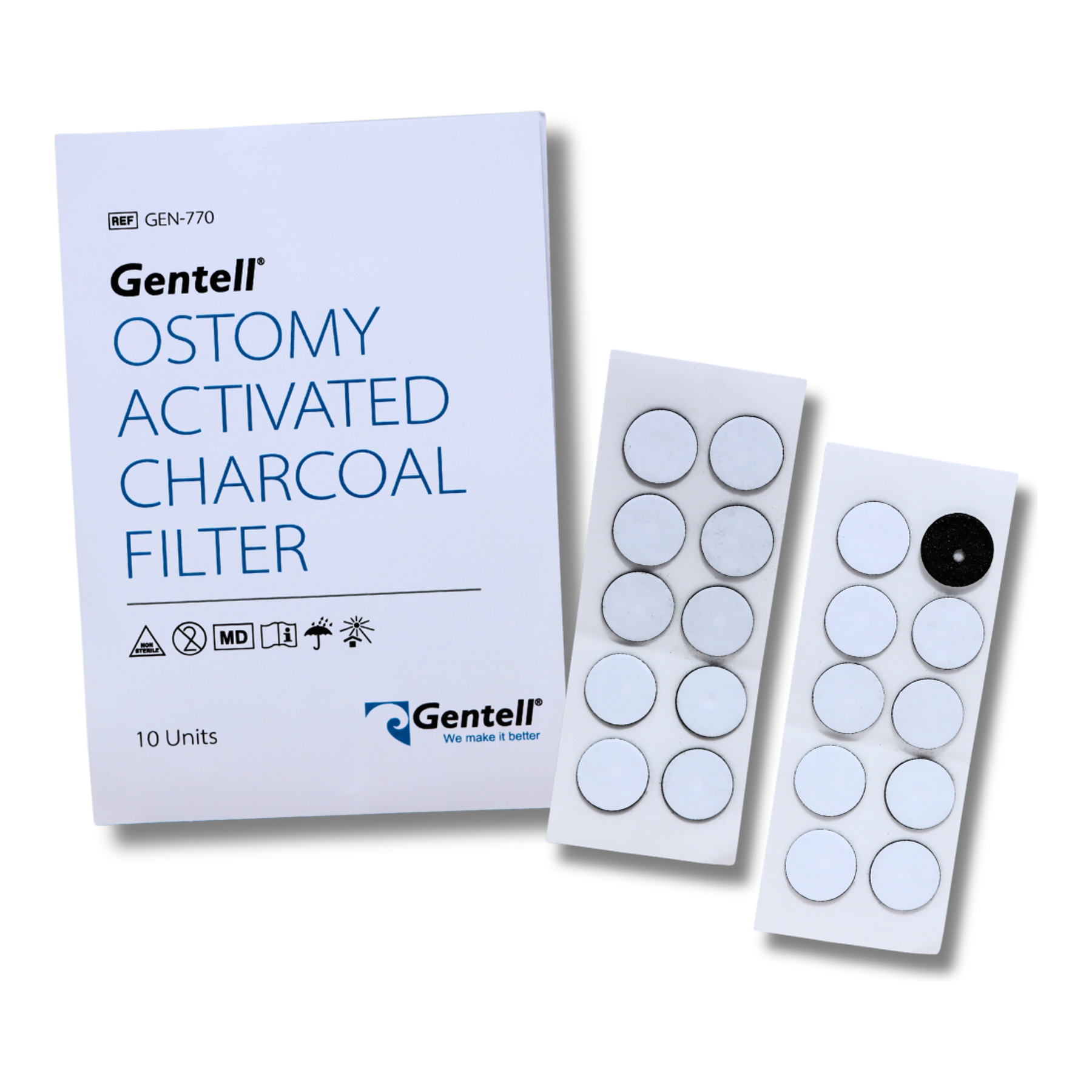 Gentell ostomy activated charcoal filters box with filter sheets