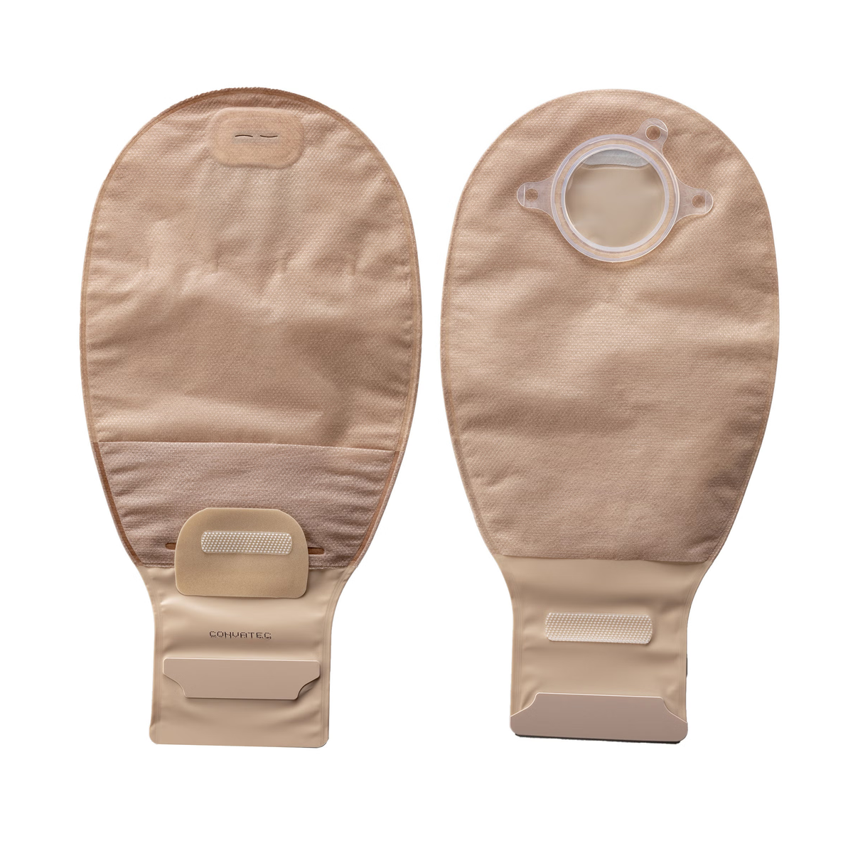 ConvaTec Natura+ two-piece drainable pouch front and coupling-ring views