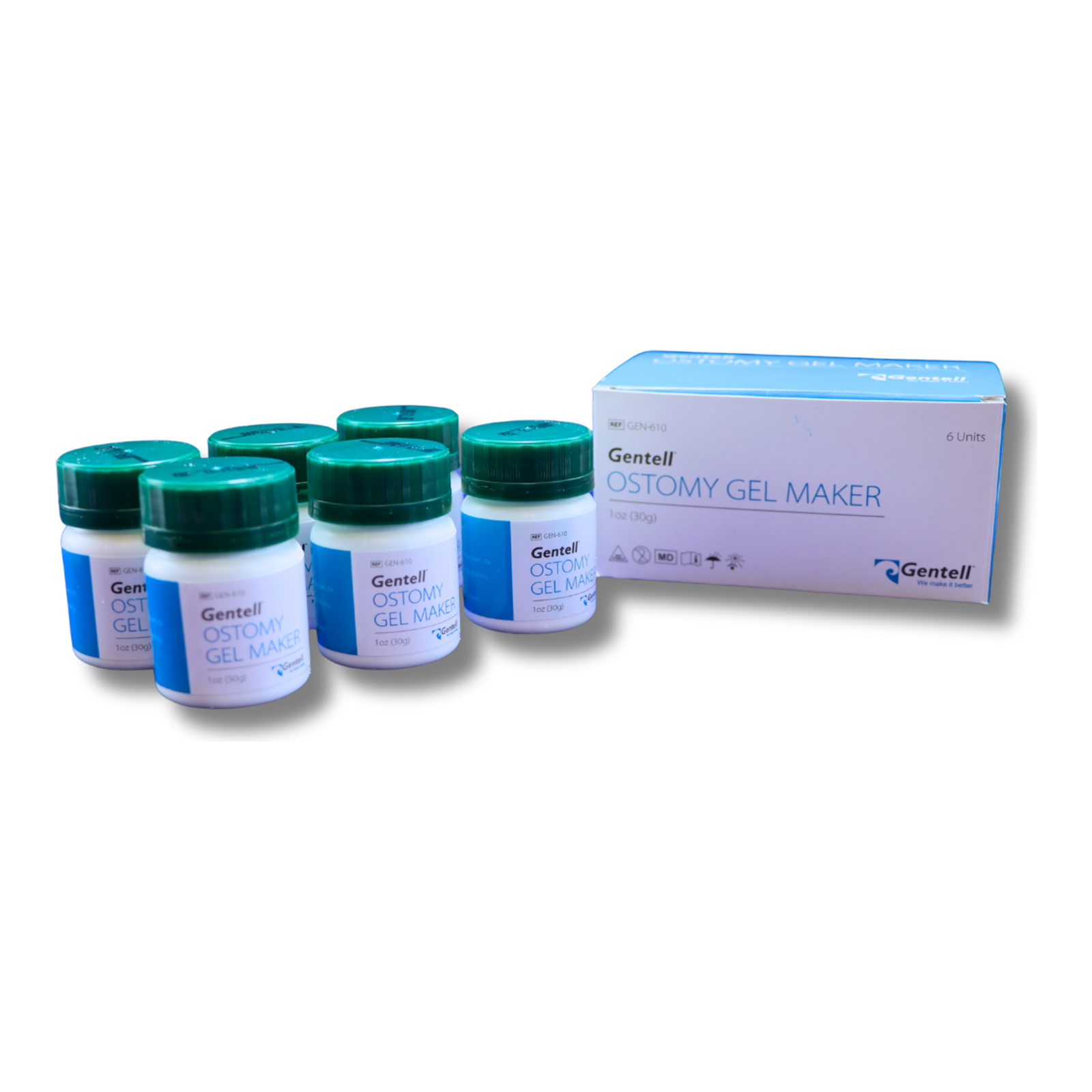 Gentell ostomy gel maker box with six 1-ounce bottles