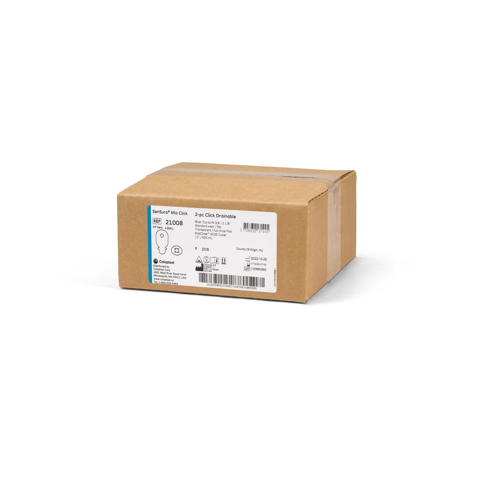 Coloplast SenSura Mio Click 21008 barrier and drainable pouch kit — exact right and package view