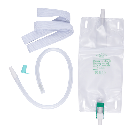 Bard Dispoz-A-Bag leg bag with Flip-Flo valve, extension tubing and fabric straps on a white background