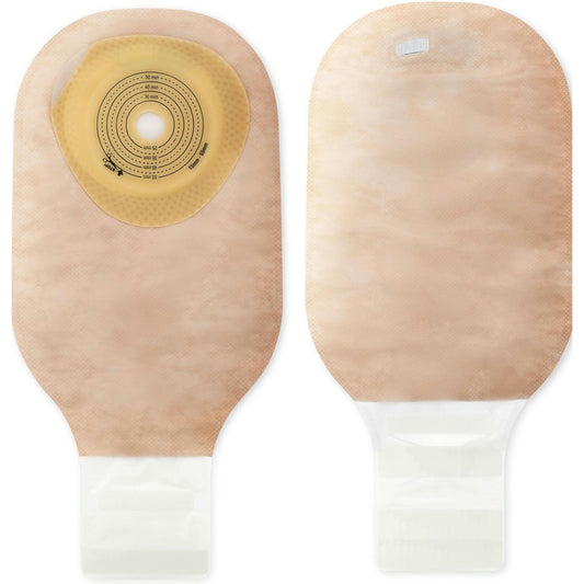 Hollister Premier flat one-piece drainable ostomy pouch, front and back views, on a white background