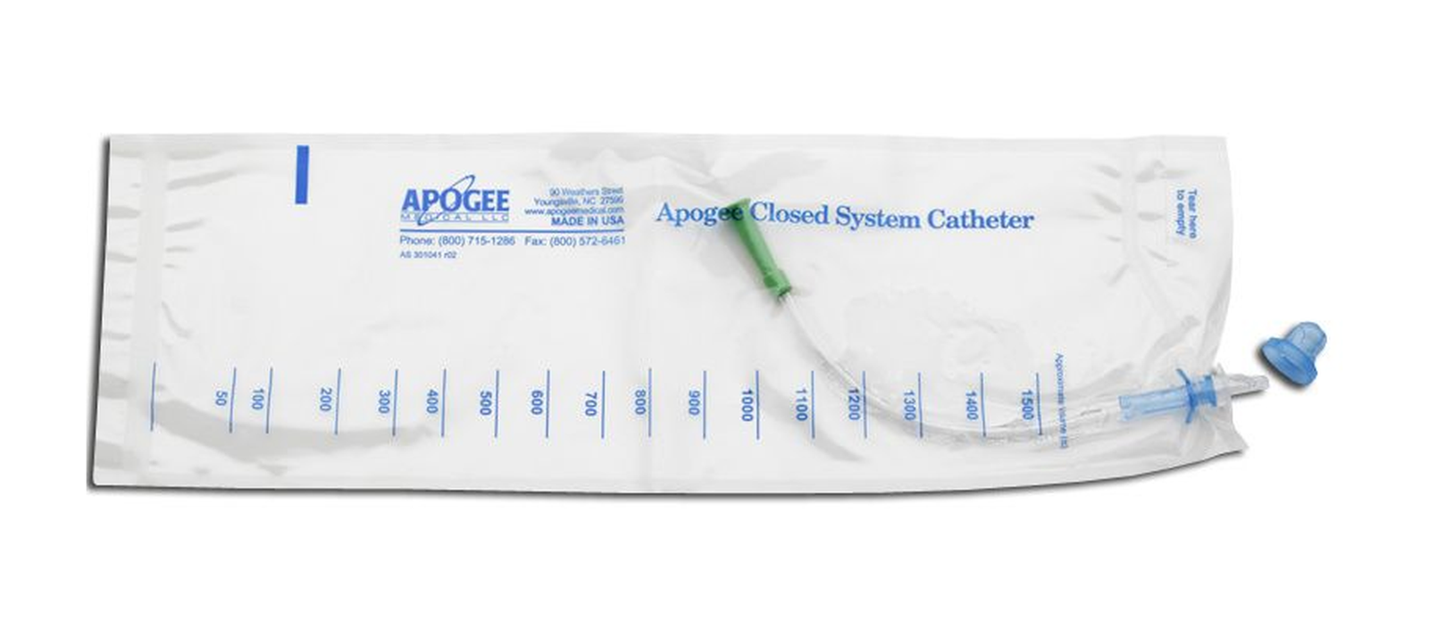 Hollister Apogee closed system catheter and collection bag on a clean white background