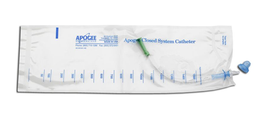 Hollister Apogee closed system catheter and collection bag on a clean white background
