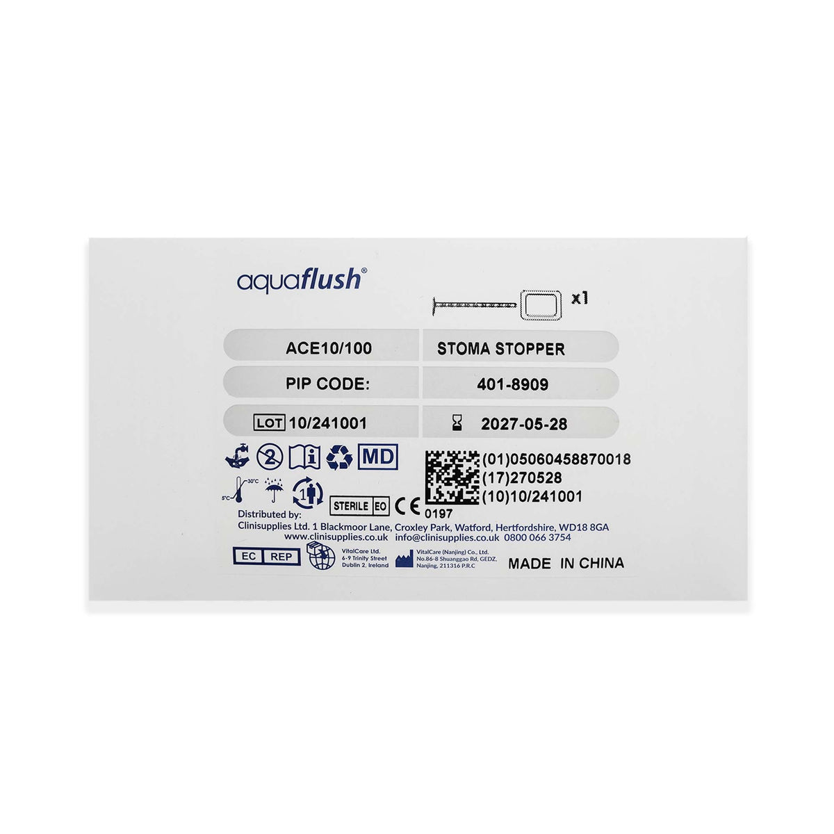HR HealthCare Aquaflush Stoma Stopper ACE10 sterile package front on white.