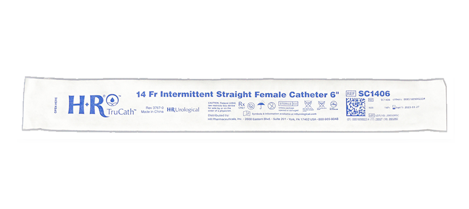 HR HealthCare TruCath female straight tip intermittent catheter package on a white background