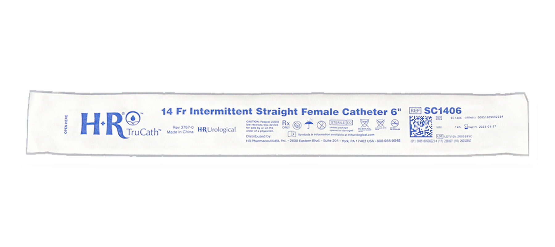 HR HealthCare TruCath female straight tip intermittent catheter package on a white background