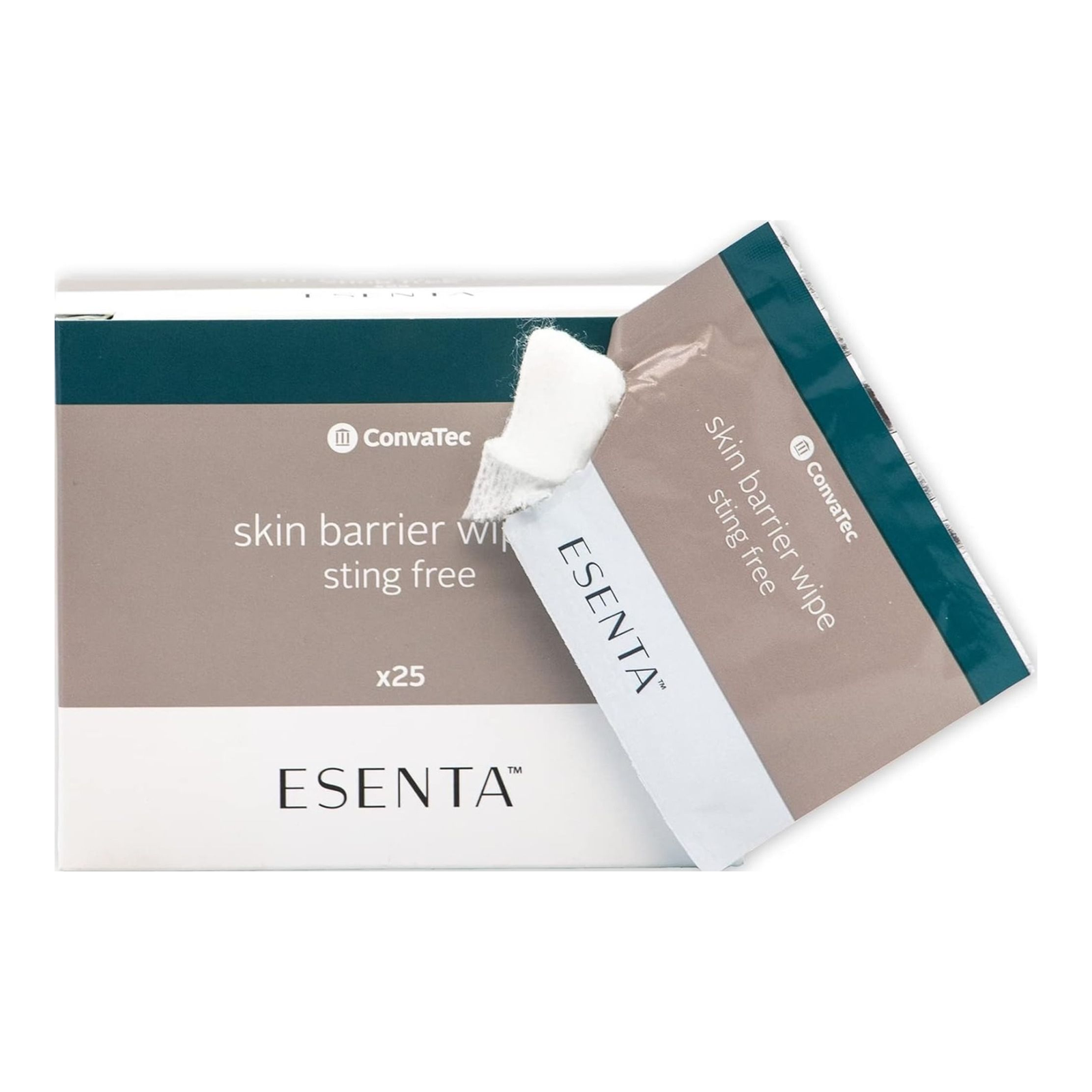 ConvaTec ESENTA skin barrier wipes carton with individual wipe