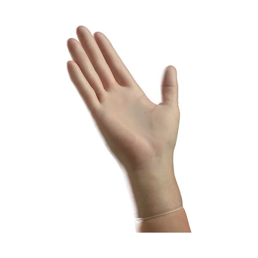 At Home Medical Products, Inc. Vinyl Exam Gloves - Powder Free (AXL201SML, AXL201MED) on a white background