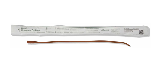 Bard Medical Bard Tiemann Model Red Rubber Coude Urethral Catheter - Sterile - One Eye (BA010112, BA010112-BX) on a white background