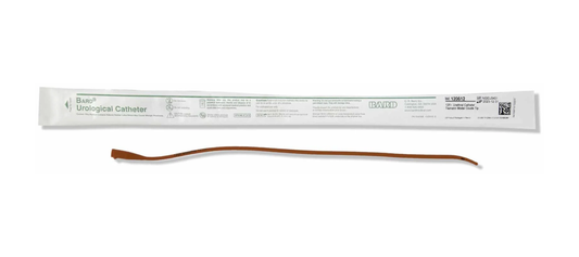 Bard Medical Bard Tiemann Model Red Rubber Coude Urethral Catheter - Sterile -Two Eyes (BA120608, BA120608-BX) on a white background