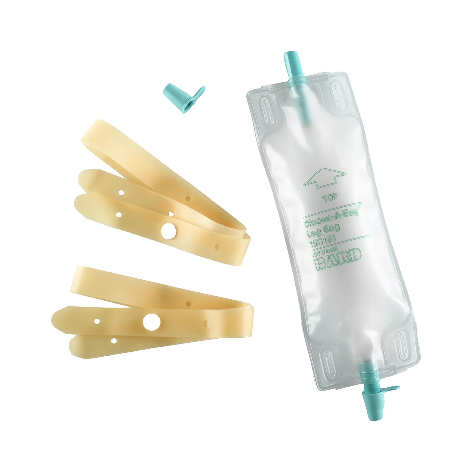 Bard Medical Bard Dispoz-A-Bag Leg Bag with Rubber Cap Valve and Latex Straps (BA150101, BA150102) on a white background