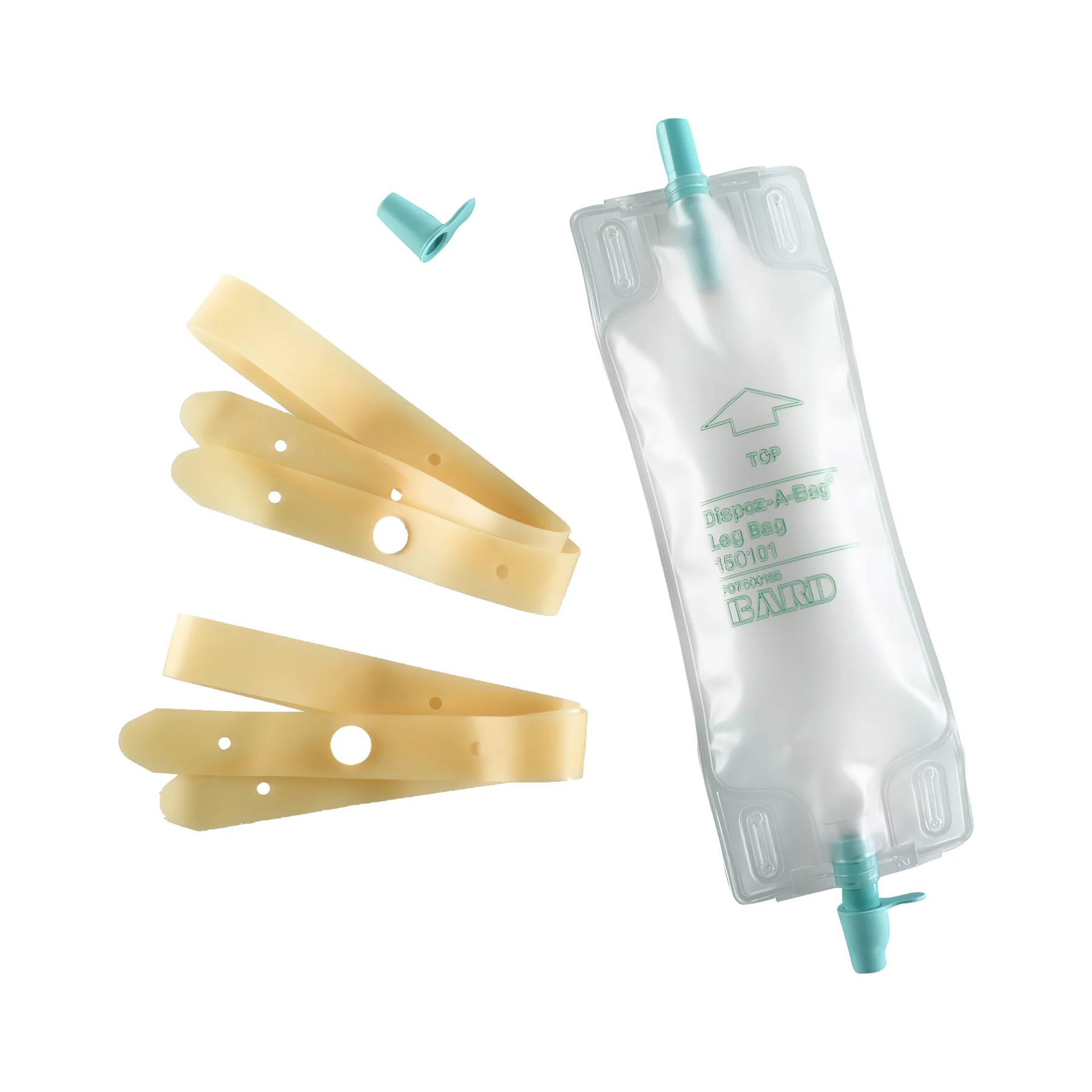 Bard Medical Bard Dispoz-A-Bag Leg Bag with Rubber Cap Valve and Latex Straps (BA150101, BA150102) on a white background