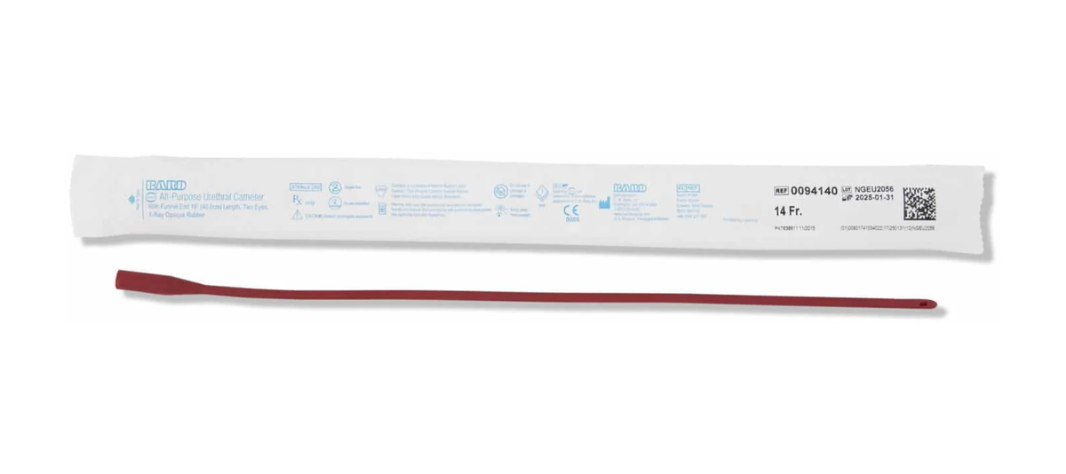 Bard Medical Bard All Purpose Red Rubber Urethral Catheter (BA277708, BA277708-BX) on a white background