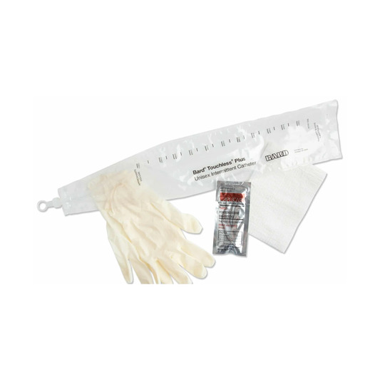 Bard Medical Bard Touchless Plus Closed System Red Rubber Catheter with Collection Bag - Male (BA4A3052, BA4A3052-CS) on a white background