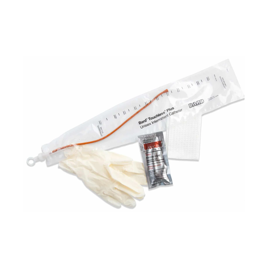 Bard Medical Bard Touchless Plus Closed System Red Rubber Catheter Kit with Collection Bag - Coude Tip - Unisex (BA4A7044, BA4A7044-CS) on a white background