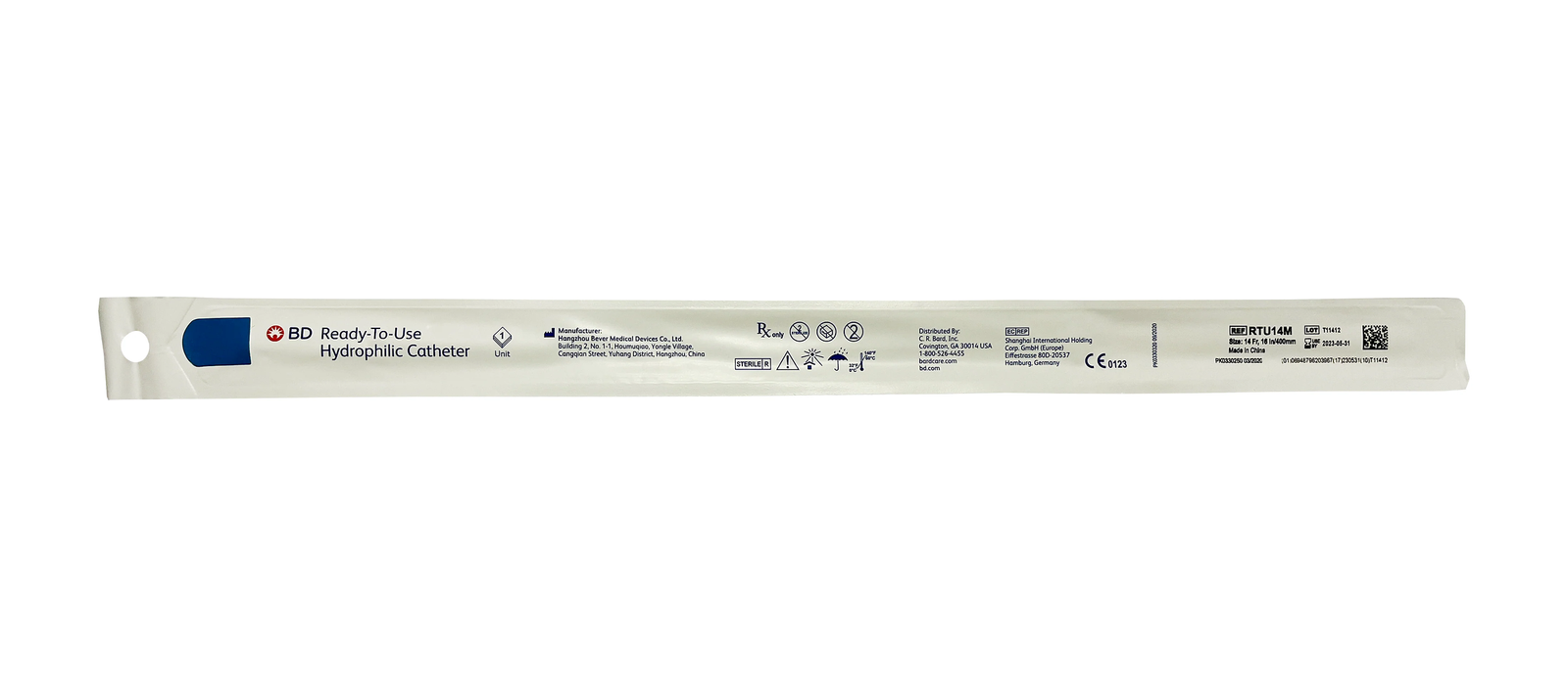 Bard Medical Bard BD Hydrophilic Straight Tip Intermittent Catheter - Male (BARTU12M, BARTU12M-BX) on a white background