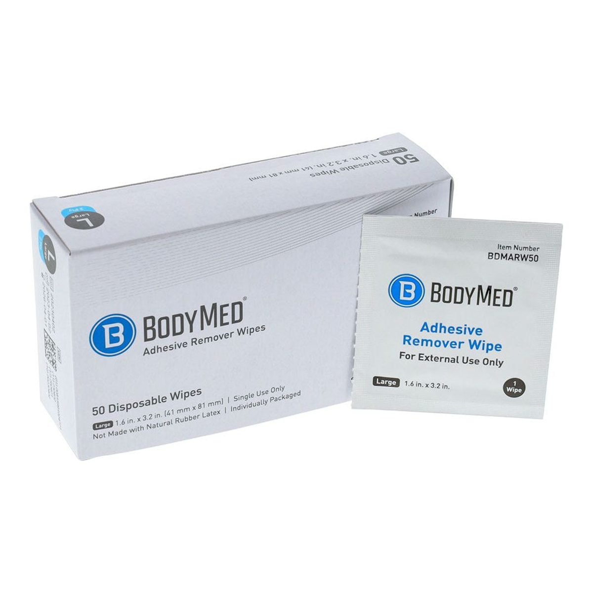 BodyMed Adhesive Remover Wipes box and individually wrapped wipe