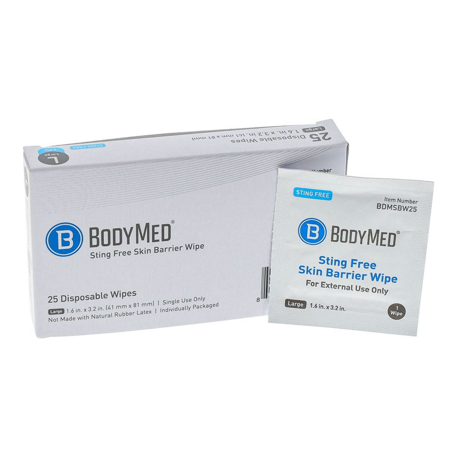 BodyMed Sting Free Skin Barrier Wipes box and individually wrapped wipe