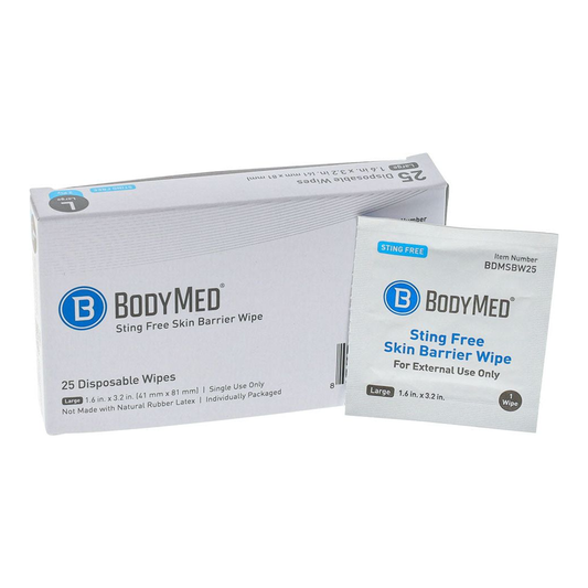 BodyMed Sting Free Skin Barrier Wipes box and individually wrapped wipe