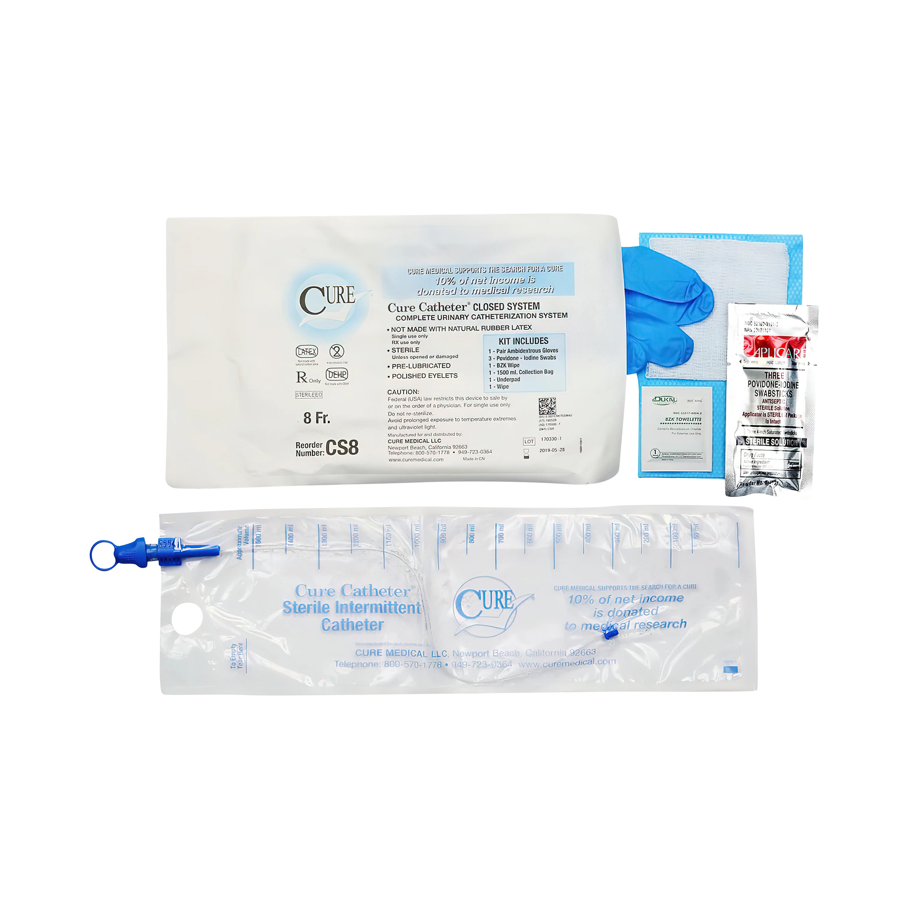 Convatec Cure Closed System Catheter Kit with Insertion Supplies - Straight Tip (CMCS8, CMCS8-CS) on a white background