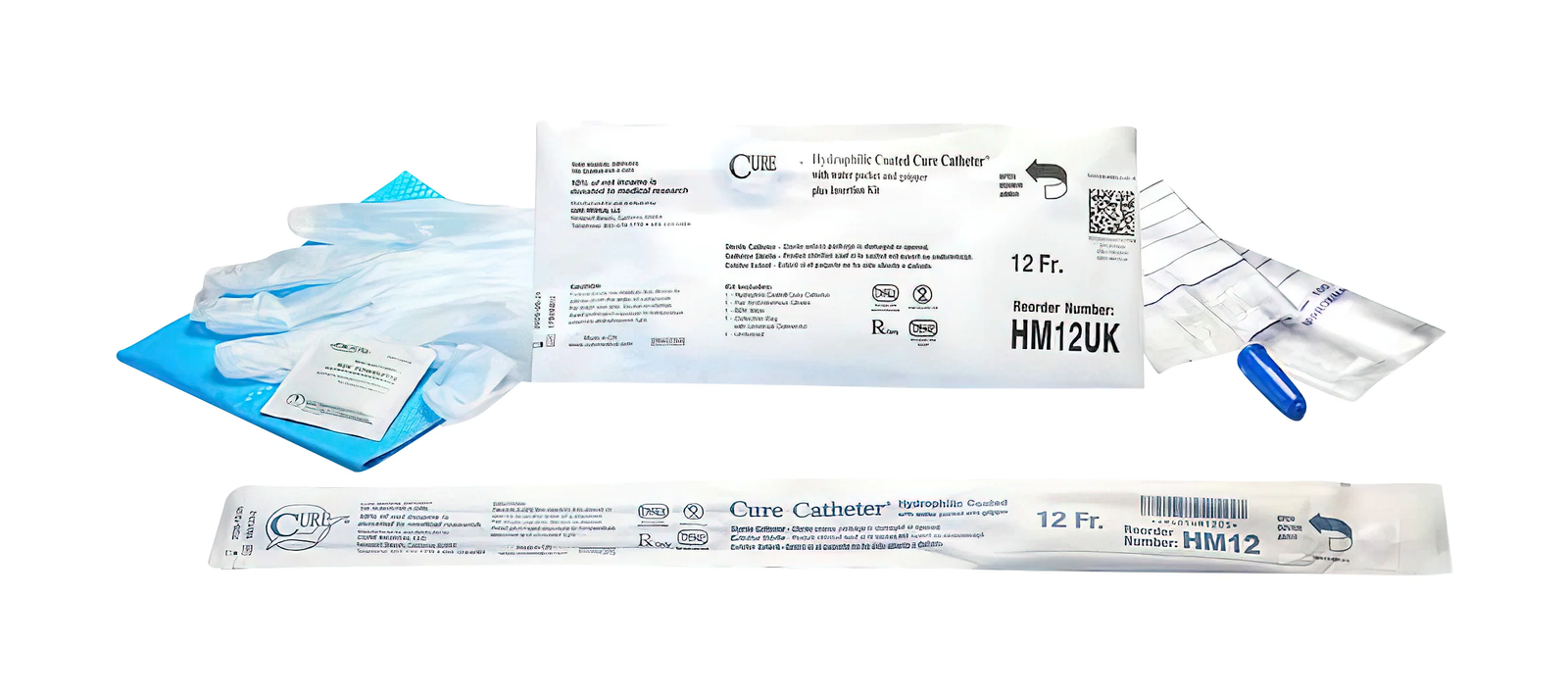 Cure Medical Cure Hydrophilic Intermittent Catheter Kit with Insertion Supplies - Male (CMHM12UK, CMHM14UK) on a white background