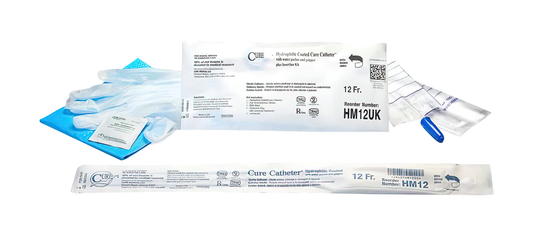 Cure Medical Cure Hydrophilic Intermittent Catheter Kit with Insertion Supplies - Male (CMHM12UK, CMHM14UK) on a white background
