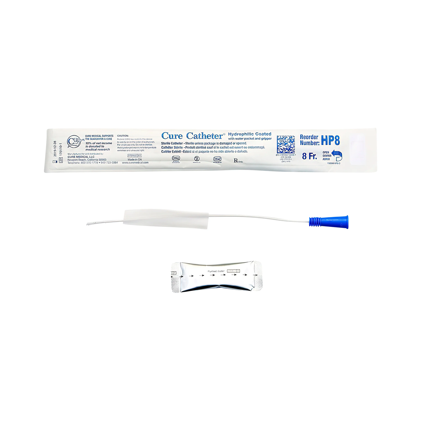 Convatec Cure Hydrophilic Intermittent Catheter - Pediatric (CMHP8, CMHP8-BX) on a white background