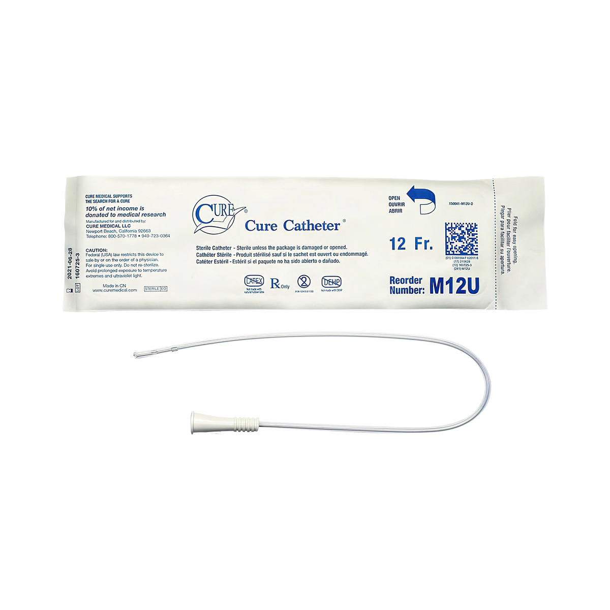 Convatec Cure Pocket U-Shaped Straight Tip Intermittent Catheter - Male (CMM12U, CMM12U-BX) on a white background