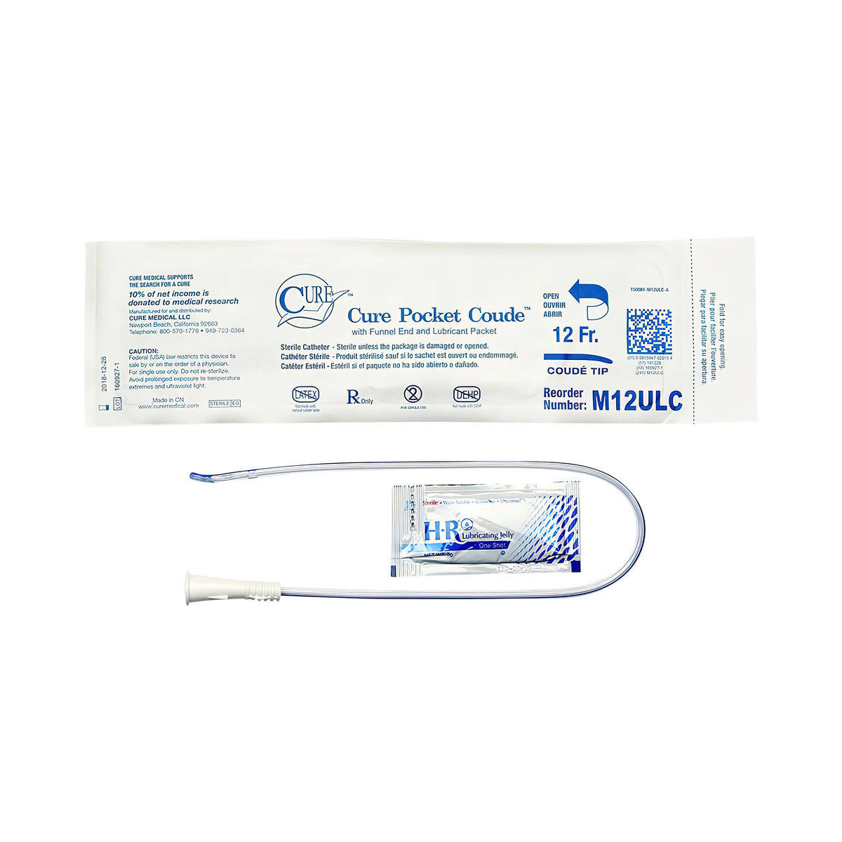 Convatec Cure Pocket U-Shaped Coude Tip Intermittent Catheter with Lubricant - Male (CMM12ULC, CMM12ULC-BX) on a white background