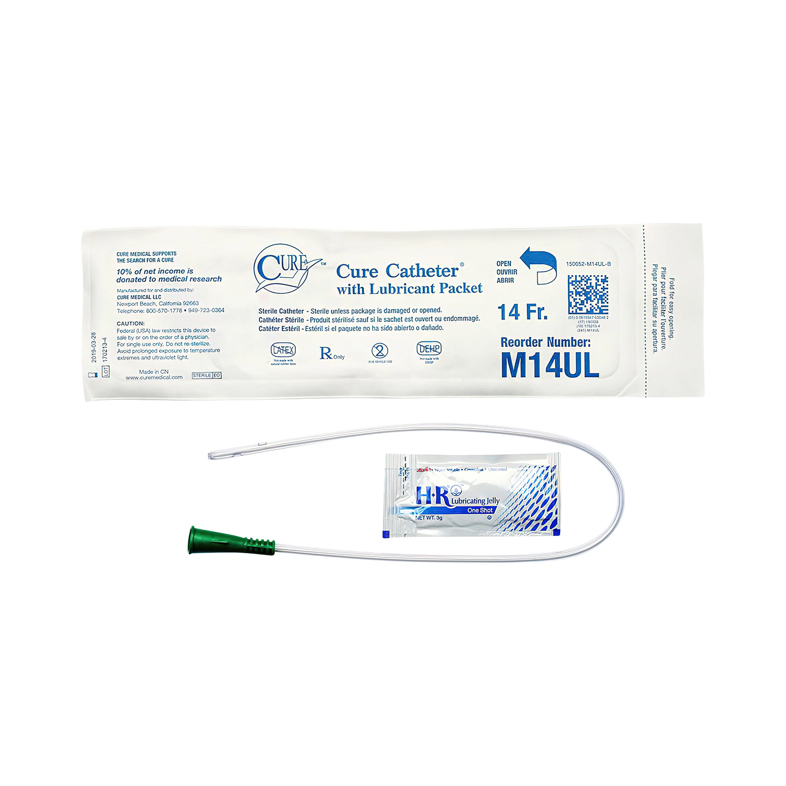 Convatec Cure Pocket U-Shaped Straight Tip Intermittent Catheter with Lubricant - Male (CMM14UL, CMM14UL-BX) on a white background