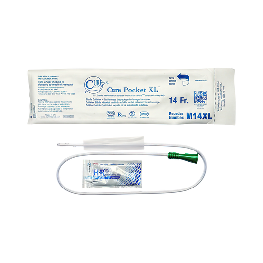 Convatec Cure Pocket U-Shaped Extra Long Intermittent Catheter with Lubricant - Male (CMM14XL, CMM14XL-BX) on a white background