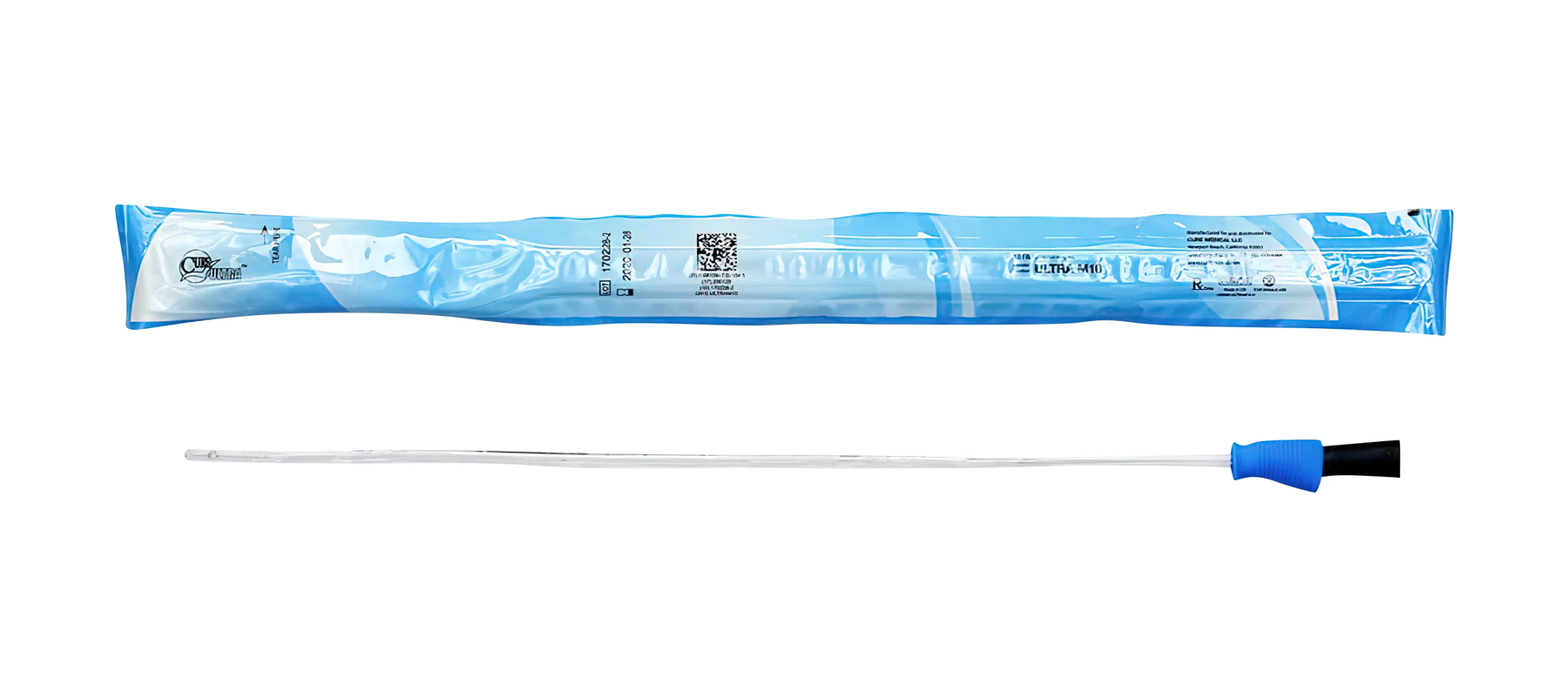 Cure Medical Cure Ultra Coude Tip Intermittent Catheter - Male (CMULTRAM10C, CMULTRAM10C-BX) on a white background