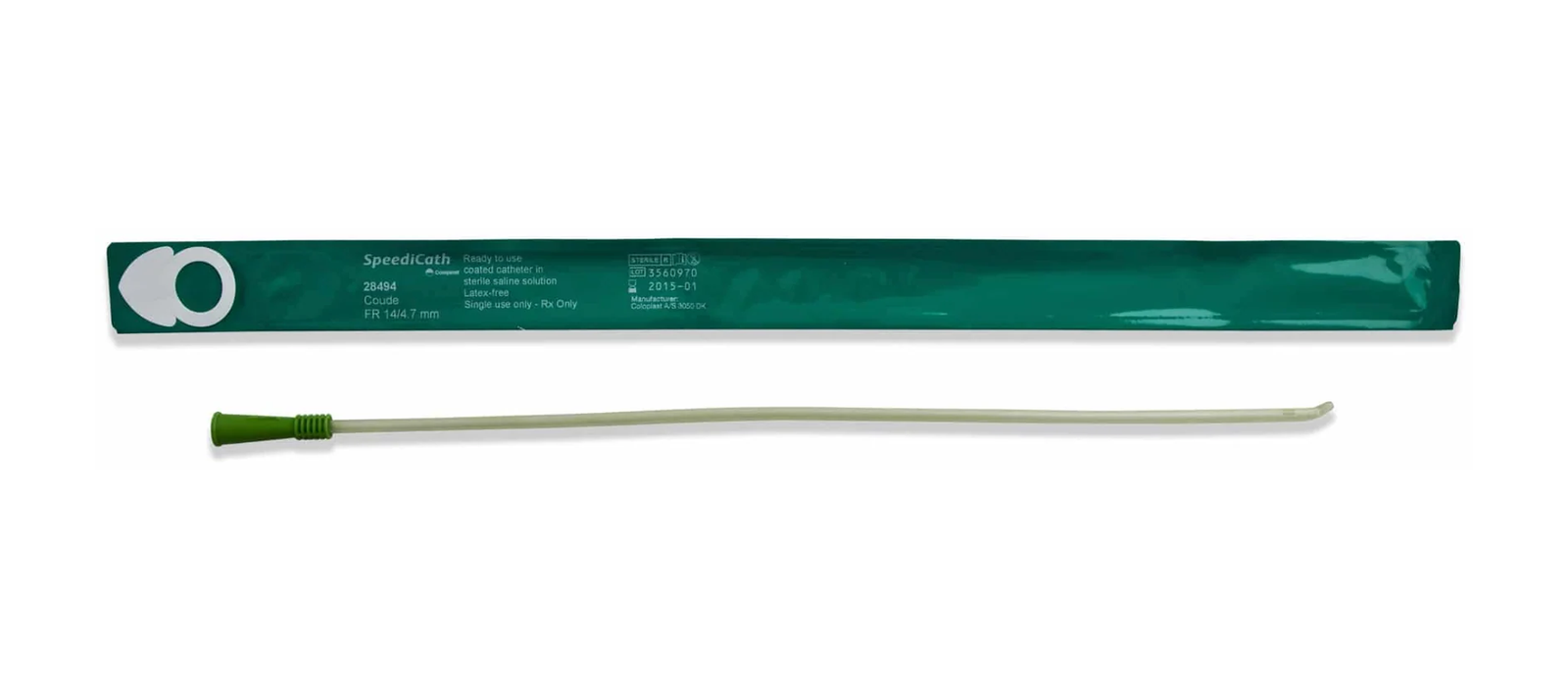 Coloplast Coloplast SpeediCath Tapered Coude Tip Intermittent Catheter - Male (CO28490, CO28490-BX) on a white background