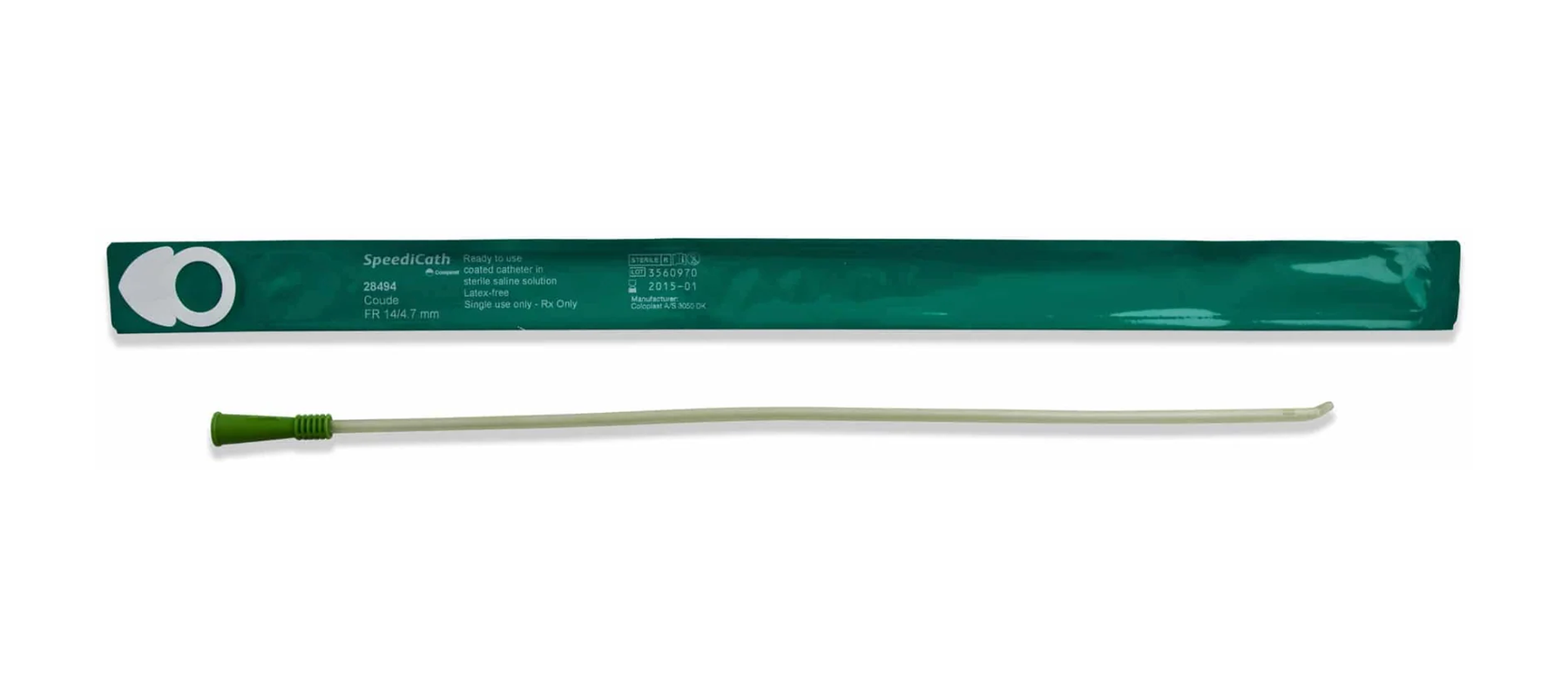 Coloplast Coloplast SpeediCath Tapered Coude Tip Intermittent Catheter - Male (CO28490, CO28490-BX) on a white background