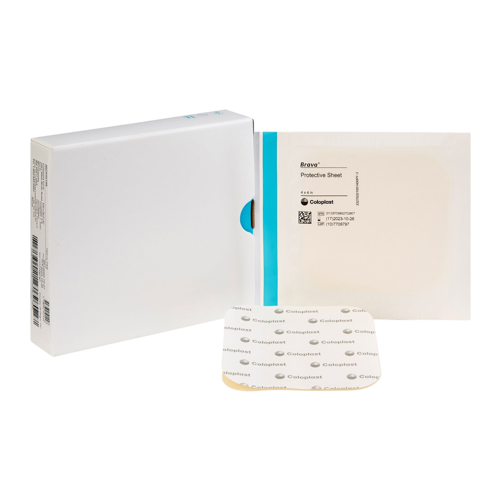 Coloplast Brava Protective Sheet 32105 box, pouch, and sheet