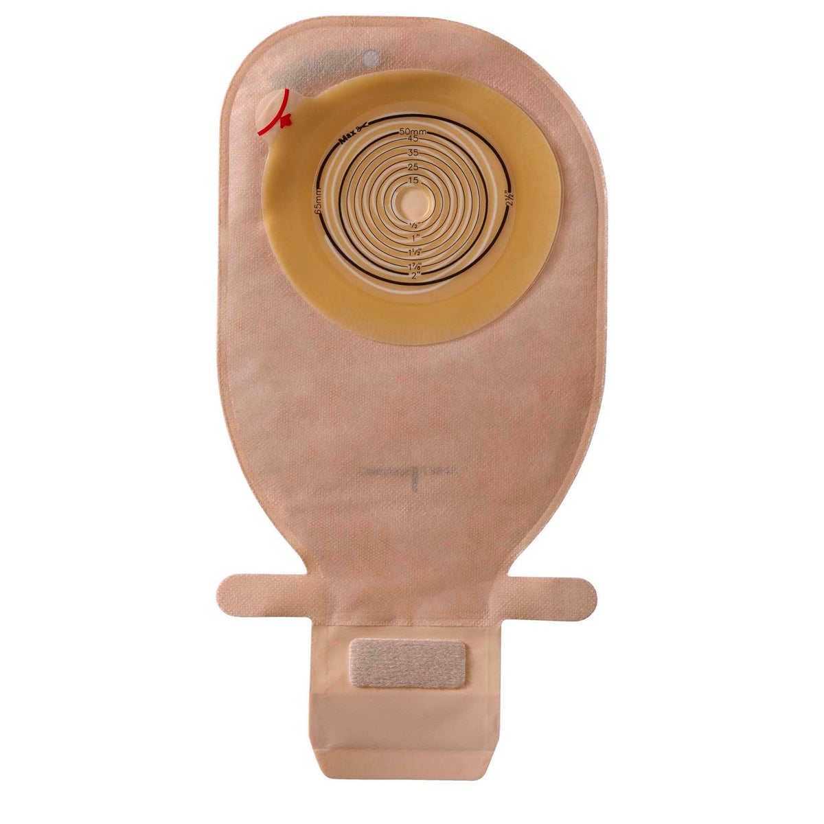Coloplast Assura flat Midi one-piece drainable pouch with filter; opening varies by selected size.