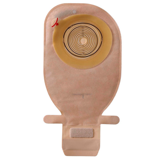 Coloplast Assura flat Midi one-piece drainable pouch with filter; opening varies by selected size.
