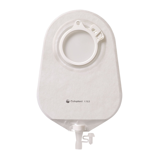 Coloplast Assura MIDI two-piece transparent urostomy pouch; coupling color varies by selected SKU