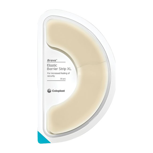Coloplast Brava Elastic Barrier Strip XL sample pack, 6-3/4 inch curved strip package on white