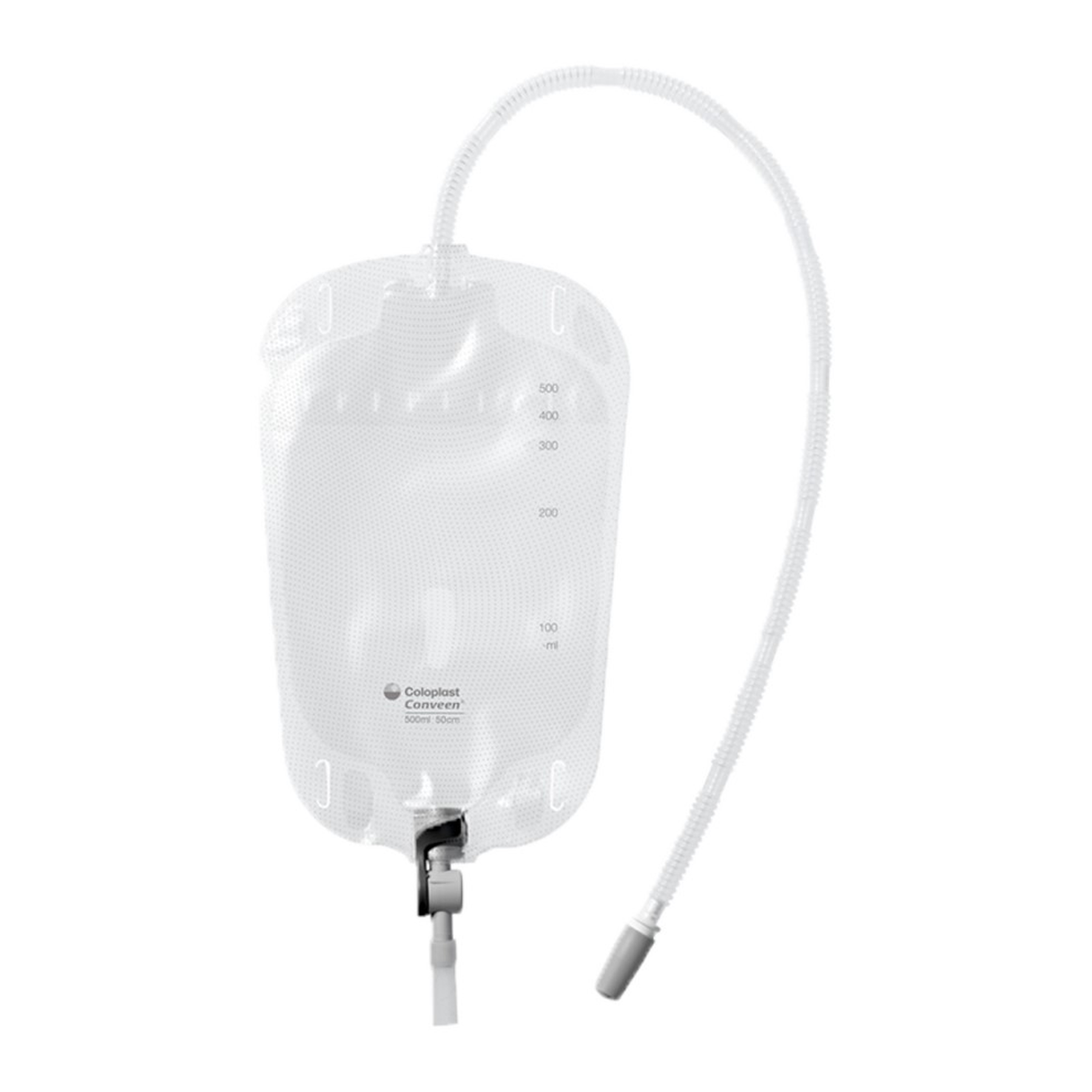 Coloplast Conveen Security+ sterile leg bag with lever tap on a white background
