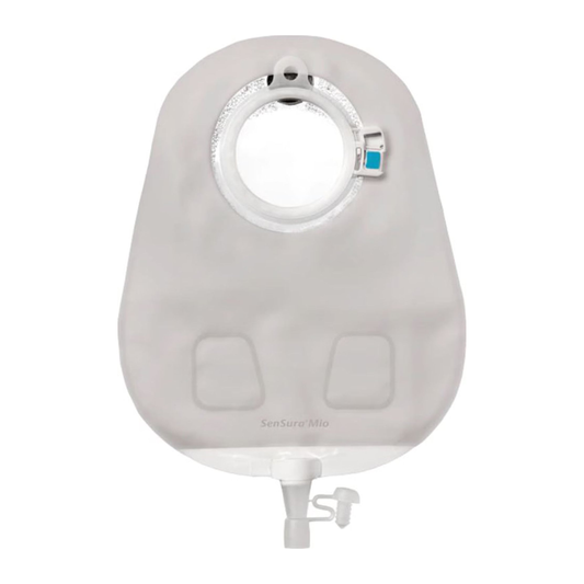 Coloplast SenSura Mio Click MAXI two-piece urostomy pouch, opaque gray view; coupling varies by SKU.