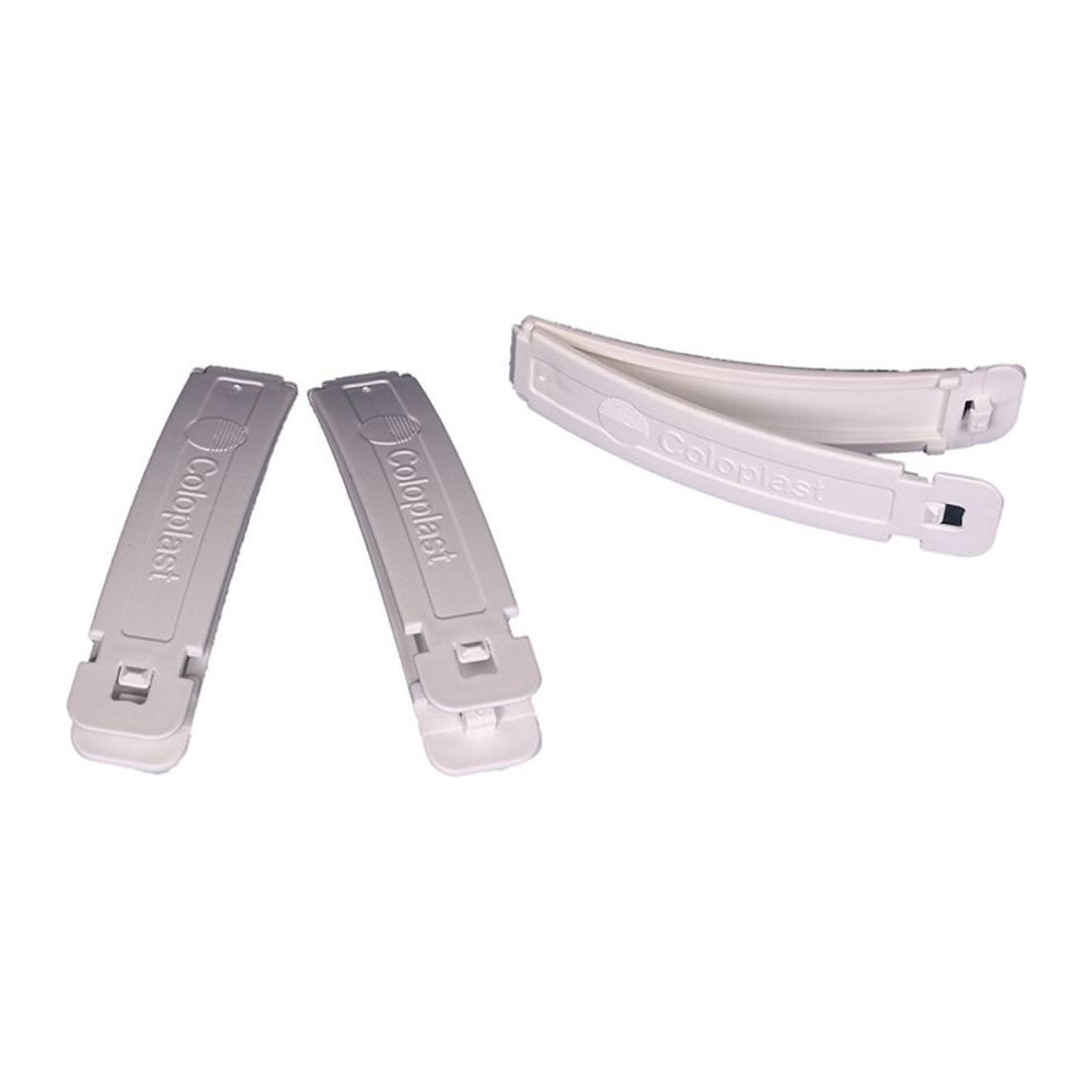 Coloplast drainable ostomy pouch clamps angle view
