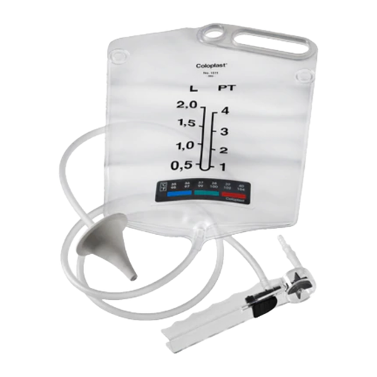 Coloplast ostomy irrigation set with water bag, tubing, cone, and regulator on white