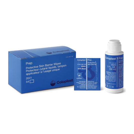 Coloplast Prep Protective Skin Barrier family with 2041 wipes and 0925 2 fl oz dabber bottle.