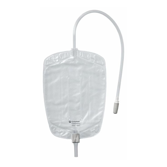 Coloplast Security contoured sterile leg bag with clamp closure (CO5171) on a white background