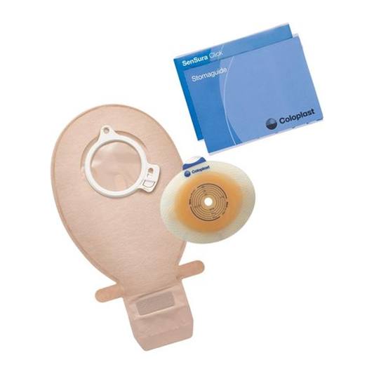 Coloplast SenSura Click two-piece drainable single-use kit with transparent MAXI pouch and standard-wear barrier.