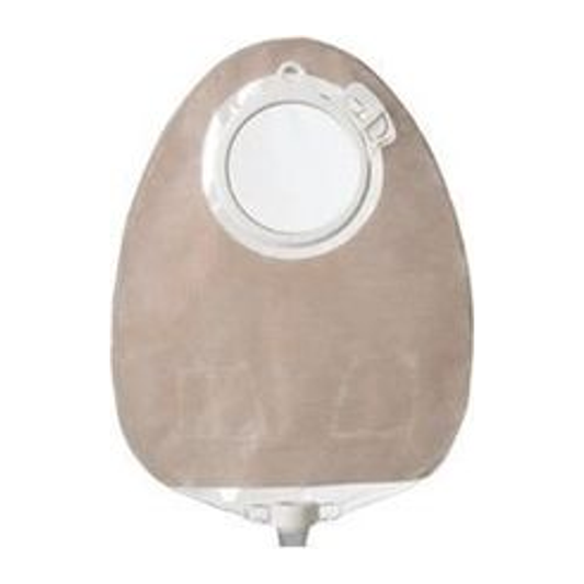 Coloplast SenSura Click Uro two-piece urostomy pouch with multi-chambers, anti-reflux valves, and soft outlet.