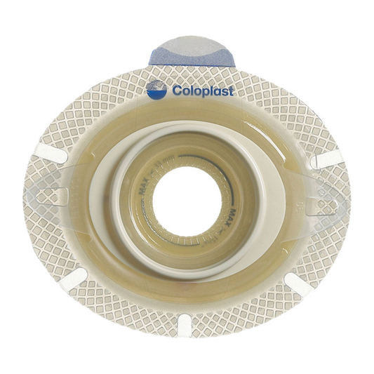 Coloplast SenSura Click Xpro flat extended-wear two-piece ostomy barrier, blue 2-3/8 inch coupling, on white